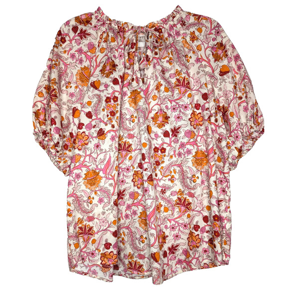 Knox Rose Boho Cottage Prairie Peasant Strawberry Floral Print Puff Sleeve Top L - Picture 3 of 10
